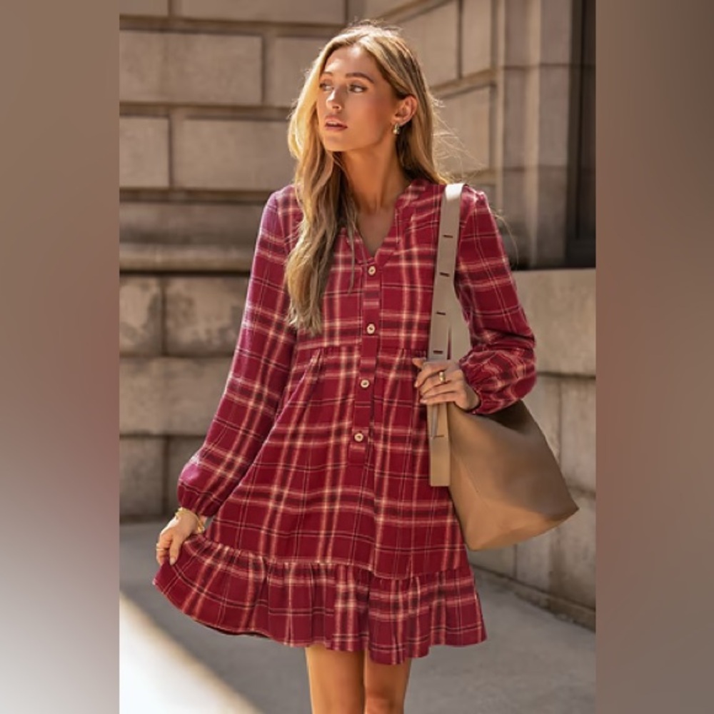 Cupshe Burgundy Plaid Long Sleeve Dress